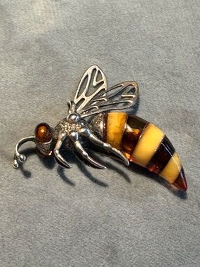 Polish Bee Hornet Pendant Baltic Amber Sterling Silver Body
